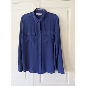 LOFT Roll-Tab Long-Sleeved Button Down Blouse w/ Pockets Royal Blue Size XL EUC